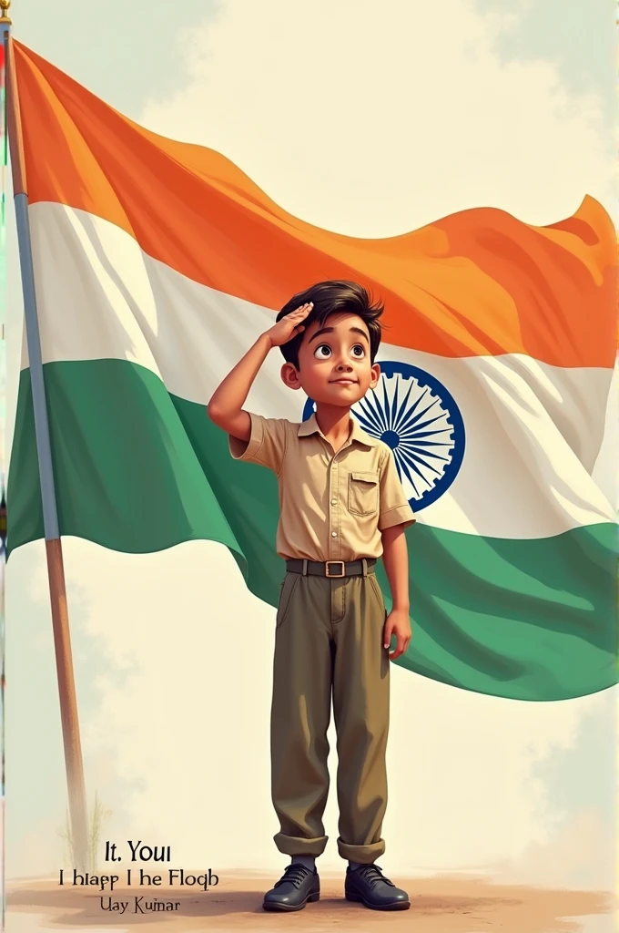 A smart boy salutes the indian flag here name is uday kumar background is written har ghar tiranga