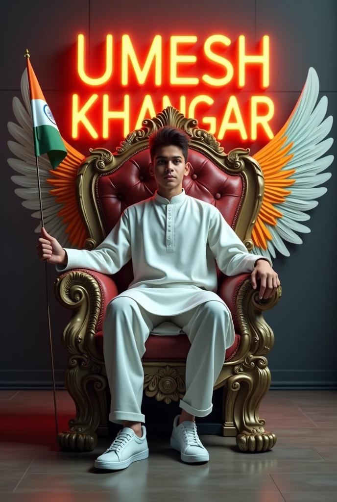 Create a 3D illusion for the profile picture where a cute  boy in white kurta is sitting comfortably on the chair of the King of Beasts throne. Indian flag in hand And a ferocious lion next to me. Wearing sneakers, he looks ahead. “UMESH KHANGAR” is written in large, orange neon light font on the dark gray wall in the background. He has no shadow and has Indian Tricolor colored wings 4k