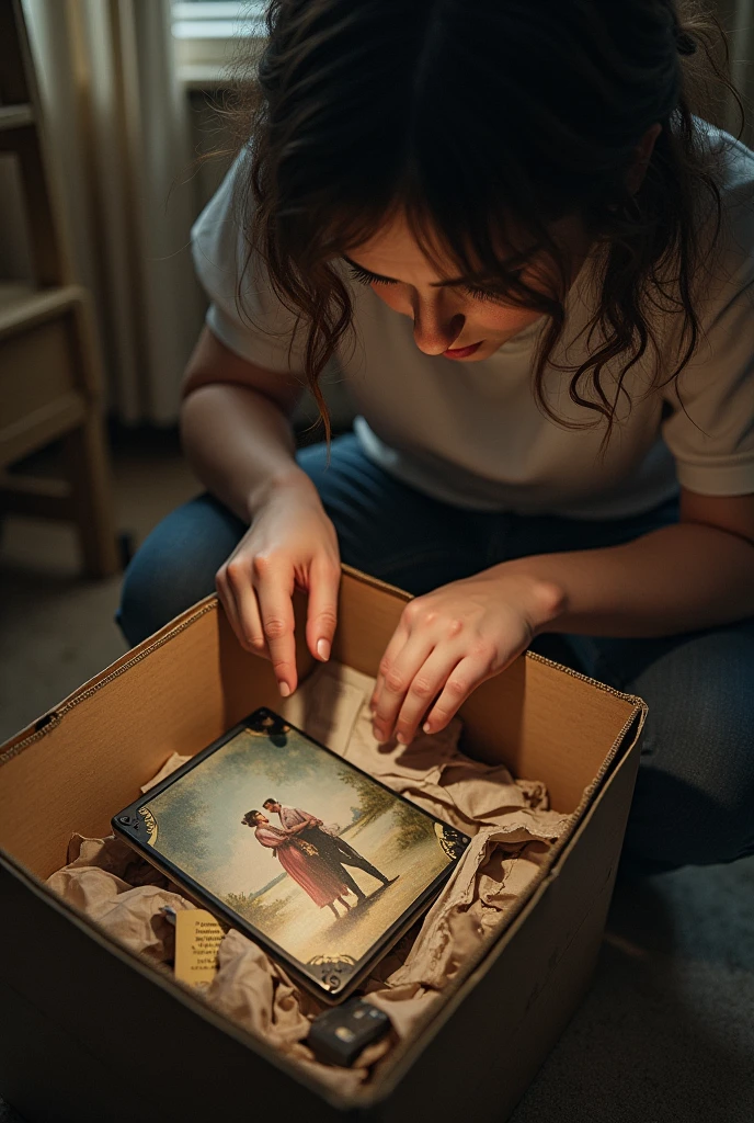 She creates an image of a person searching through a box and sees a photo of a couple in a painting and a DVD