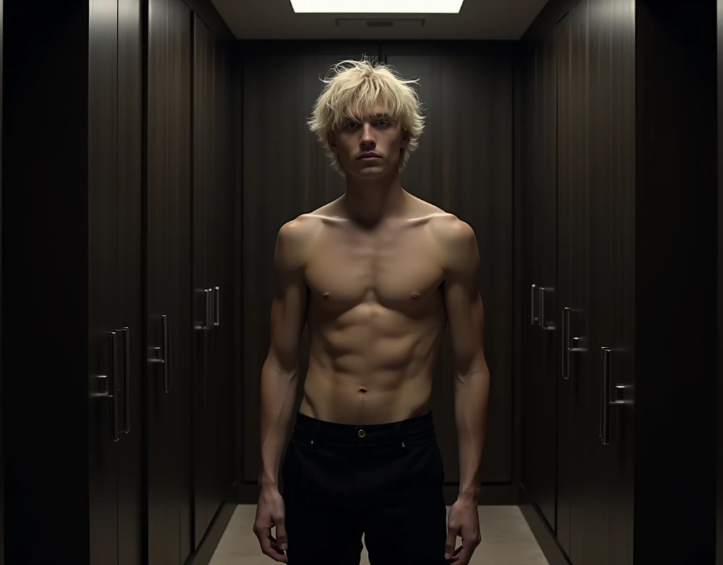 181 cm tall, 22-year-old shirtless man, thin and lean figure:1.4, short hair, platinum blond hair, messy hair, side swept bangs, Germanic-Icelandic features, black pants, intense look, standing in large chic dark full walk in closet, photorealistic, cinematic.