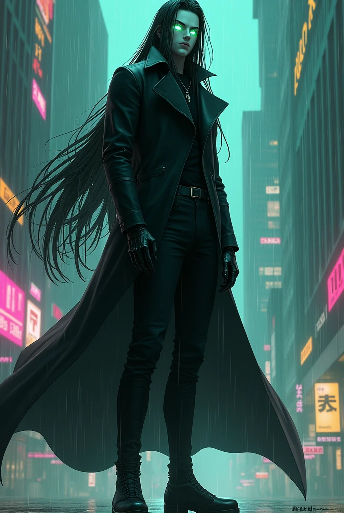 Tall man, long black hair down to the waist, anime style, His, shounen, black overcoat, black leather gloves. Complete white mask with no details on the face, olhos verdes esmeralda, black pants, black leather boots. Closed left hand. athletic body. Background of a cyberpunk city, neon green, purple, pinks, blue, cool colours, raining night. futuristc city.