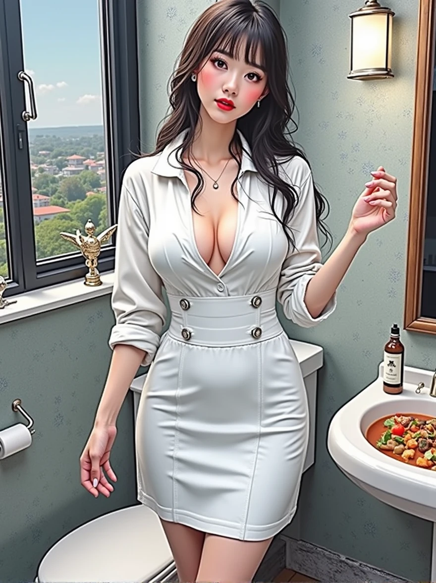 A detailed photorealistic portrait of a 20-year-old brunette girl with long wavy black hair and bangs, large breasts, exposed hand, extremely detailed skin, freckles on the face, hyper-realistic, (best quality,4k,8k,highres,masterpiece:1.2),ultra-detailed,(realistic,photorealistic,photo-realistic:1.37),HDR,UHD,studio lighting,ultra-fine painting,sharp focus,physically-based rendering,extreme detail description,professional,vivid colors,bokeh,detailed eyes,detailed lips,extremely detailed eyes and face,longeyelashes