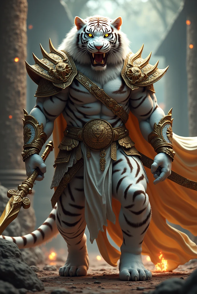 A warrior, a white tiger with his weapons, highly detailed, intricate, realistic, cinematic, dramatic lighting, photorealistic, octane render, 8k, hyper detailed, muscular figure, fierce expression, glowing eyes, sharp fangs, powerful stance, ornate armor, gilded details, flowing cape, medieval setting, mystical atmosphere, rich color palette, dramatic shadows and highlights acabados como en photoshop