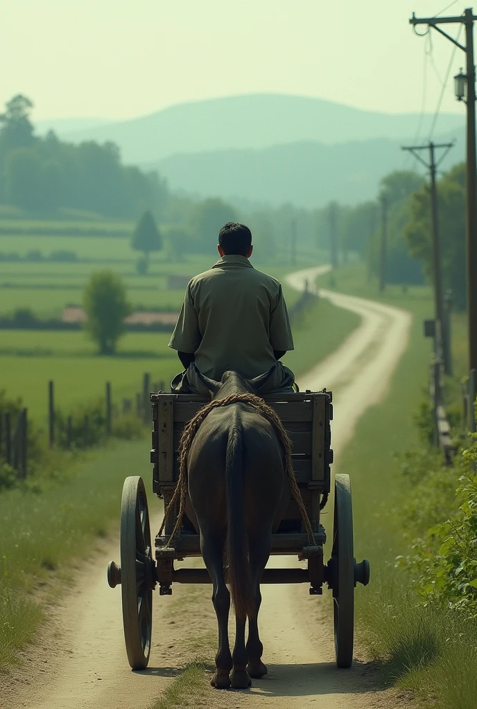 person walking down a road on the back of a cart