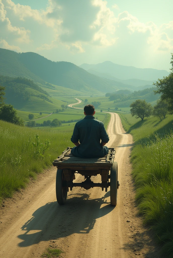 person walking down a road on the back of a cart