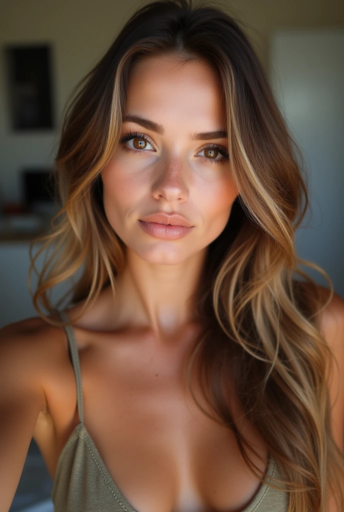 Jeune femme brune de 21 ans photographiée par devant, yeux marrons, (blonde cheveux longs), realistic and Visage détaillé, Belle femme, , Visage détaillé, Beau modèle réaliste, cheveux longs, Corps athlétique, Sexy, Photoréaliste, selfie, 4K, naturelle, peau détaillée, ton de couleur chaude.