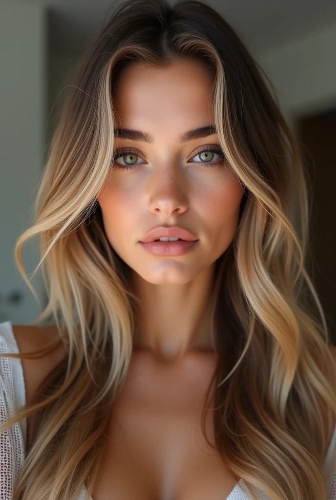 Jeune femme brune de 21 ans photographiée par devant, yeux marrons, (blonde cheveux longs), realistic and Visage détaillé, Belle femme, , Visage détaillé, Beau modèle réaliste, cheveux longs, Corps athlétique, Sexy, Photoréaliste, selfie, 4K, naturelle, peau détaillée, ton de couleur chaude.