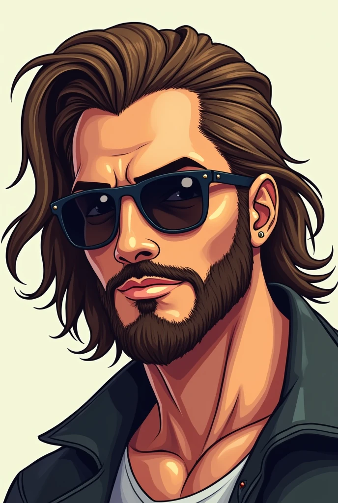 A male Cartoon character with long hair with middle part hairstyle and with middle length beard with a sunglass and more masculine facial expression