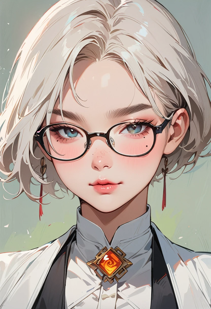 (masterpiece, best quality:1.4), 1 girl, 独奏, Anime style, Dark gray pupils, Blurred eyes, Pouting and smiling, Head slightly down, Black-rimmed glasses, Large scars on the face, Large scars, Right tear mole, Gray bald head,, Super short hair, Simple accessories, Styles of Top Portrait Artists, large breasts, White vest, White air coming out of mouth, Vision, Gray background.