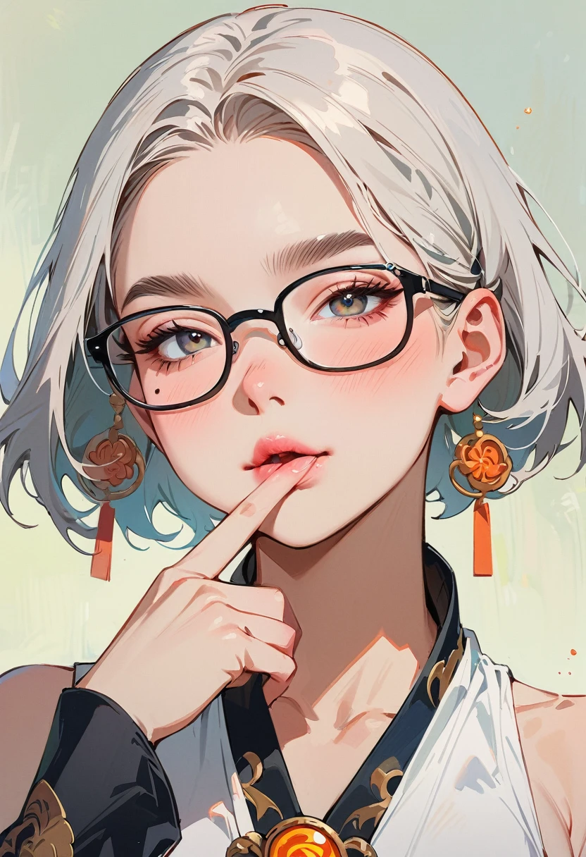 (masterpiece, best quality:1.4), 1 girl, 独奏, Anime style, Dark gray pupils, Blurred eyes, Pouting and smiling, Head slightly down, Black-rimmed glasses, Large scars on the face, Large scars, Right tear mole, Gray bald head,, Super short hair, Simple accessories, Styles of Top Portrait Artists, large breasts, White vest, White air coming out of mouth, Vision, Gray background.