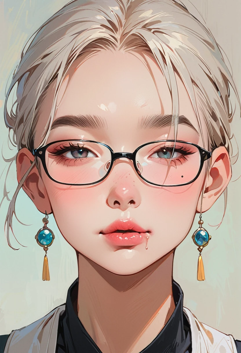 (masterpiece, best quality:1.4), 1 girl, 独奏, Anime style, Dark gray pupils, Blurred eyes, Pouting and smiling, Head slightly down, Black-rimmed glasses, Large scars on the face, Large scars, Right tear mole, Gray bald head,, Super short hair, Simple accessories, Styles of Top Portrait Artists, large breasts, White vest, White air coming out of mouth, Vision, Gray background.