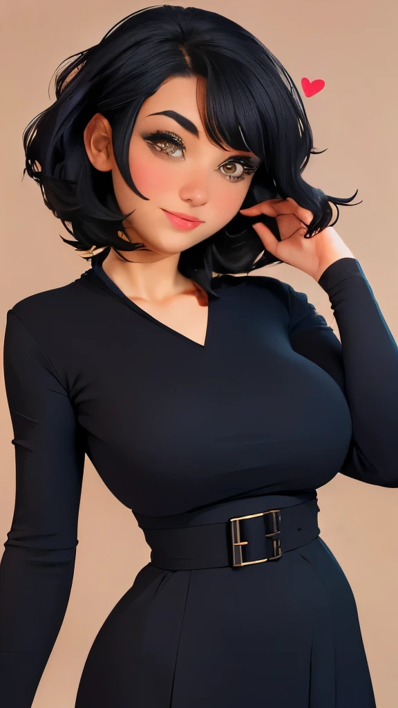1girl, mature, black hair, borwn eyes, large breasts:1, heart-patterned dress, simple background,
