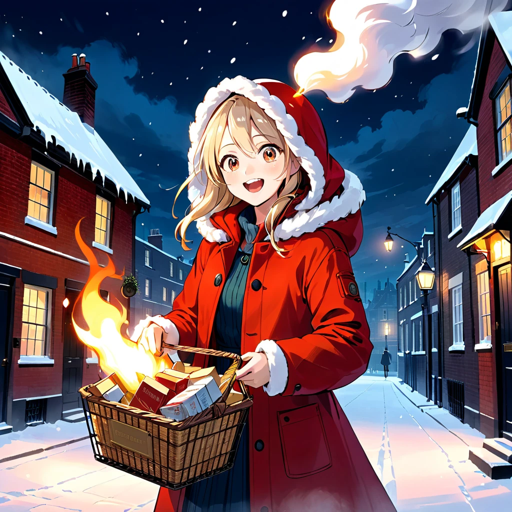 Boldly brushed anime style illustration, midwinter night, crazy fun, cinematic lighting, 19th century London, snowy night, burning house, one girl, front view, the  match girl laughing cruelly, she wears a red coat with a hood and holds a basket of matchboxes under her arm. Front view