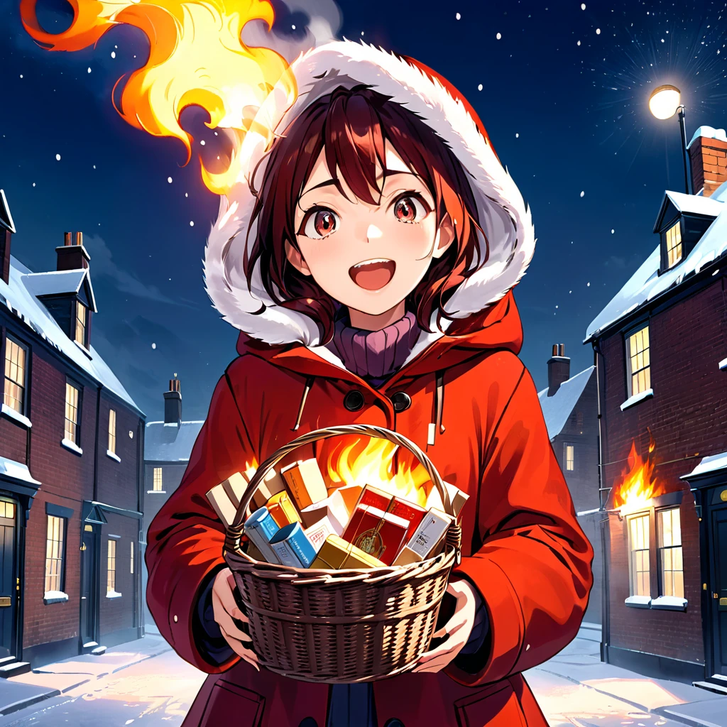 Boldly brushed anime style illustration, midwinter night, crazy fun, cinematic lighting, 19th century London, snowy night, burning house, one girl, front view, the little match girl laughing cruelly, she wears a red coat with a hood and holds a basket of matchboxes under her arm. Front view