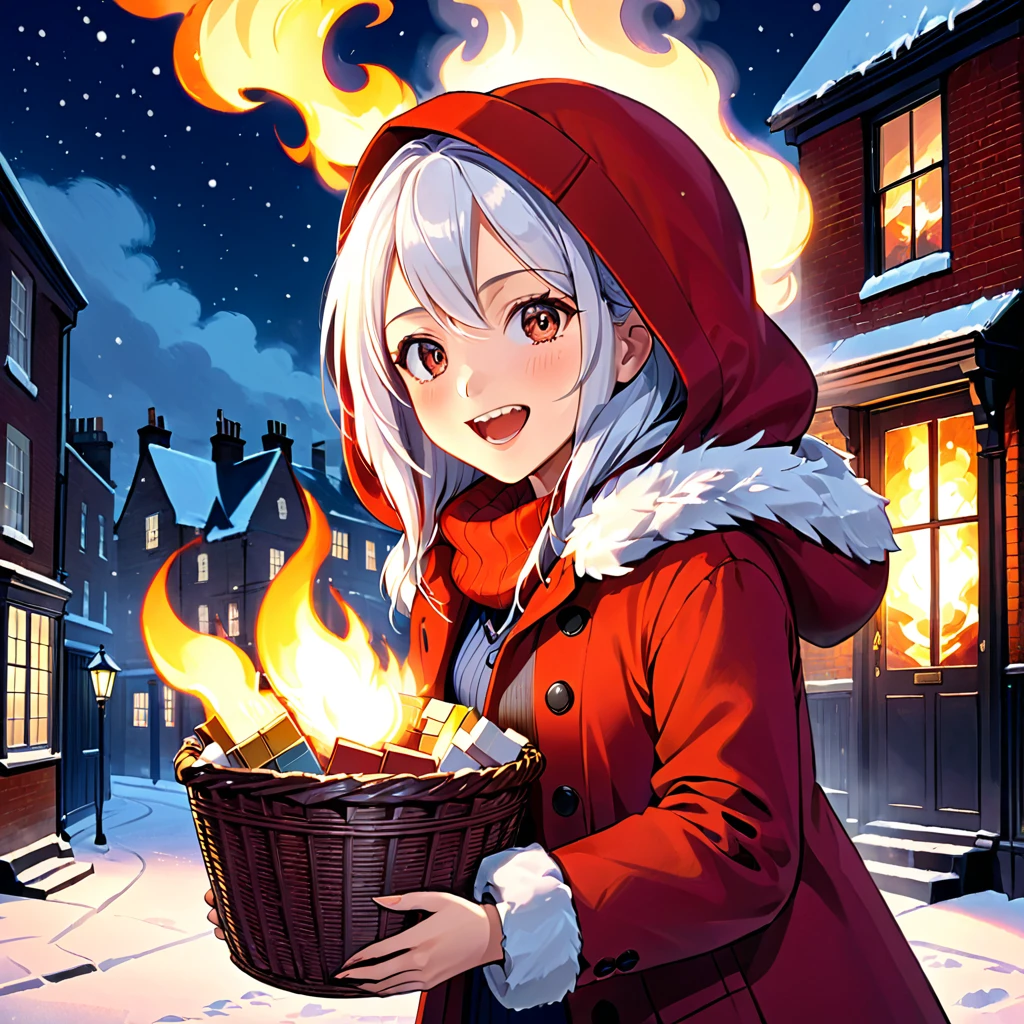 Boldly brushed anime style illustration, midwinter night, crazy fun, cinematic lighting, 19th century London, snowy night, burning house, one girl, front view, the little match girl laughing cruelly, she wears a red coat with a hood and holds a basket of matchboxes under her arm. Front view