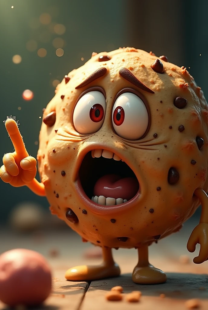 Make an animated image of a cookie that looks like it's high on drugs, with red eyes and very relaxed, pointing at something with an amazed face.
