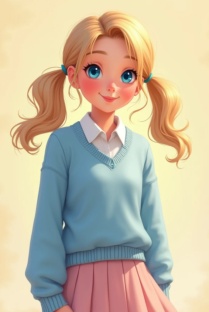Une adolescente,elle a les des couettes blondes,des yeux bleus magnifique,un pull bleu clair,avec en dessous une chemise,elle a une jupe rose pastel,
Elle est très mignonne et belle
Et est joyeuse