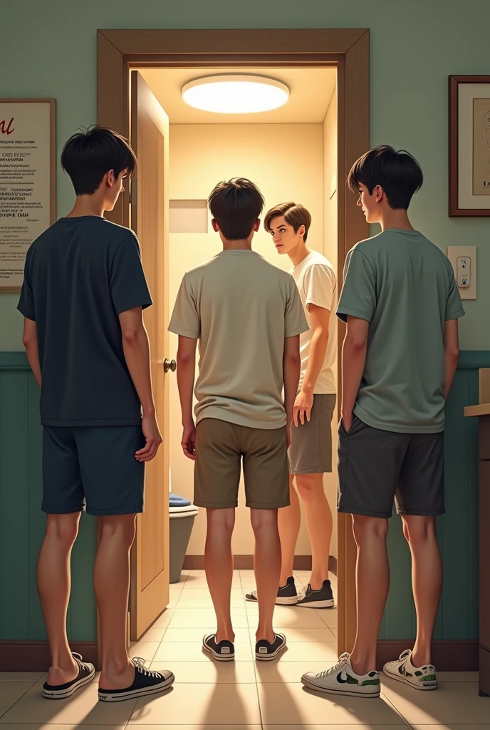 Three guys (male) who just waiting infront of the bathroom door in dormitory. And theres one person (male) just exit from the bathroom door, all the person inside this images using short pants and t-shirt