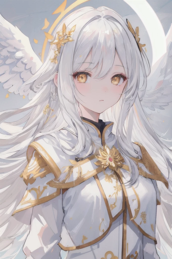 masterpiece, Best quality, ultra detailed, illustration, Close-up, Right on, Focus on face, 1 girl, White hair, Golden eyes, long hair, halo, Angel wings, A serene expression, I look at the viewer
