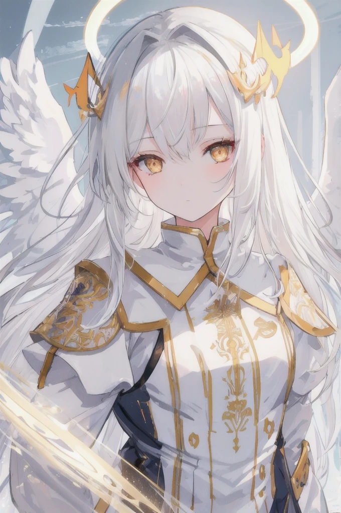 masterpiece, Best quality, ultra detailed, illustration, Close-up, Right on, Focus on face, 1 girl, White hair, Golden eyes, long hair, halo, Angel wings, A serene expression, I look at the viewer