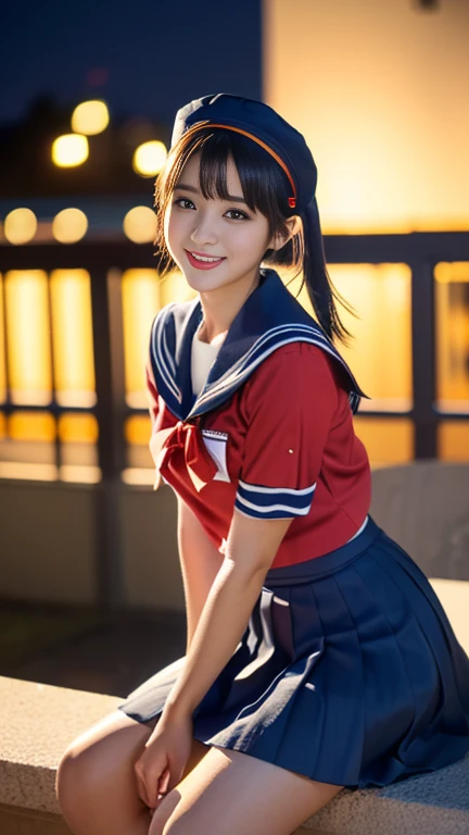 (A youthful gorgeous Japanese idol, wearing a wet Seifuku, Serafuku, school uniform, sailor moon, jk uniform, high-school uniform, pleated mini-skirt, red ribbon, red bowtie, sailor hat, knee-high socks, sitting, legs crossed, natural poses at rooftop, night sky, positive vibes,

Easygoing expressions, kind smile, dimpled cheek, cute snaggle-tooth, short bob hair ponytail, symmetrical face, realistic detailed face, beautiful eyes, beautiful detailed eyes, long legs, perfect body proportions, hourglass figure, ample round bosoms, medium breasts,

Raw photo, photorealistic, realistic portrait, hyper-realism, high contrast, ultra HD, realistic skin textures, top image quality, top-quality, super high resolution, fine details, very meticulously, masterpiece, vivid colours, medium shot, close-up shot, cowboy shot, High Angle Shot, serene ambience, professional lighting, bokeh_night_background, SFW, Safe For Work)