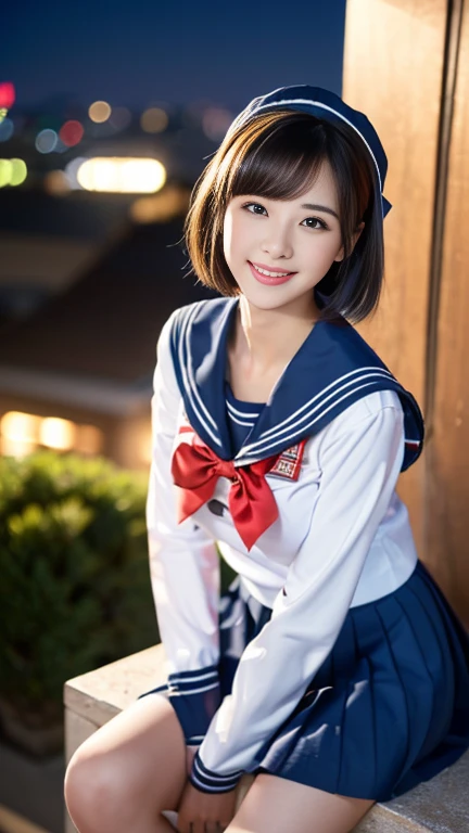 (A youthful gorgeous Japanese idol, wearing a wet Seifuku, Serafuku, school uniform, sailor moon, jk uniform, high-school uniform, pleated mini-skirt, red ribbon, red bowtie, sailor hat, knee-high socks, sitting, legs crossed, natural poses at rooftop, night sky, positive vibes,

Easygoing expressions, kind smile, dimpled cheek, cute snaggle-tooth, short bob hair ponytail, symmetrical face, realistic detailed face, beautiful eyes, beautiful detailed eyes, long legs, perfect body proportions, hourglass figure, ample round bosoms, medium breasts,

Raw photo, photorealistic, realistic portrait, hyper-realism, high contrast, ultra HD, realistic skin textures, top image quality, top-quality, super high resolution, fine details, very meticulously, masterpiece, vivid colours, medium shot, close-up shot, cowboy shot, High Angle Shot, serene ambience, professional lighting, bokeh_night_background, SFW, Safe For Work)