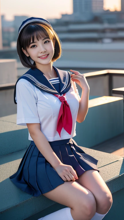 (A youthful gorgeous Japanese idol, wearing a wet Seifuku, Serafuku, school uniform, sailor moon, jk uniform, high-school uniform, pleated mini-skirt, red ribbon, red bowtie, sailor hat, knee-high socks, sitting, legs crossed, natural poses at rooftop, night sky, positive vibes,
Easygoing expressions, kind smile, dimpled cheek, cute snaggle-tooth, short bob hair ponytail, symmetrical face, realistic detailed face, beautiful eyes, beautiful detailed eyes, long legs, perfect body proportions, hourglass figure, ample round bosoms, medium breasts,
Raw photo, photorealistic, realistic portrait, hyper-realism, high contrast, ultra HD, realistic skin textures, top image quality, top-quality, super high resolution, fine details, very meticulously, masterpiece, vivid colours, medium shot, close-up shot, cowboy shot, High Angle Shot, serene ambience, professional lighting, bokeh_night_background, SFW, Safe For Work)