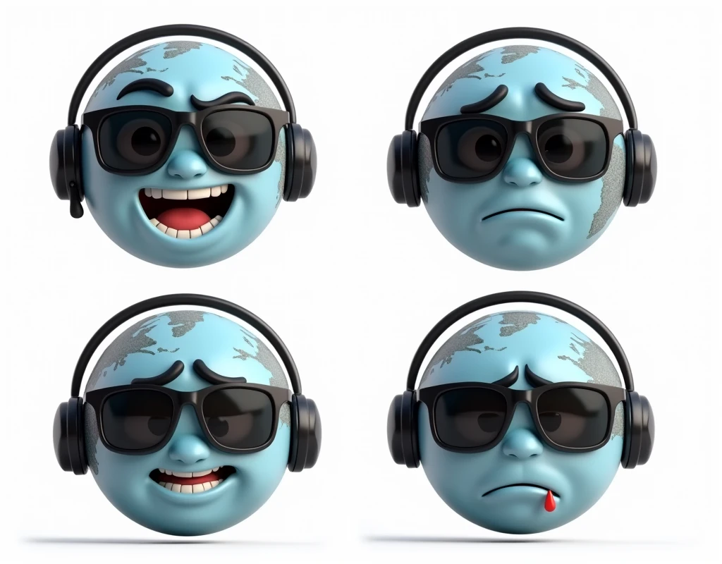 Please create a high-quality 3D animated avatar of the Earth, featuring a black headset and dark sunglasses. The Earth should have detailed facial features, with smooth shading and realistic textures to enhance the overall quality. The background of each image should be a clean, solid white to make the avatar stand out. The Earth should express four distinct emotions across four separate images:
Happy: The Earth should have a wide, joyful smile with slightly raised cheeks and eyes (behind the sunglasses) that convey a sense of happiness. The facial expression should be lively and full of energy.
Angry: The Earth should show a deep frown with furrowed brows. The sunglasses should tilt downward slightly to create a more intense and focused glare. The overall expression should be strong and assertive, with realistic wrinkles and tension in the face.
Surprised: The Earth should appear wide-eyed (behind the sunglasses), with a slightly open mouth to suggest shock or amazement. The sunglasses can be slightly askew to enhance the expression of surprise. The features should be exaggerated enough to clearly communicate the emotion while still maintaining a high level of detail.
Sad: The Earth should have a sorrowful expression with downturned lips and a single tear coming from under the sunglasses. The tear should look realistic, with a reflective sheen, and the overall expression should convey deep sadness.
Ensure that each image maintains consistent lighting and perspective, and that the textures and details of the Earth’s surface are clearly visible under the 3D rendering. The black headset and dark sunglasses should be polished and sharp, adding to the overall high-quality finish of the avatar.