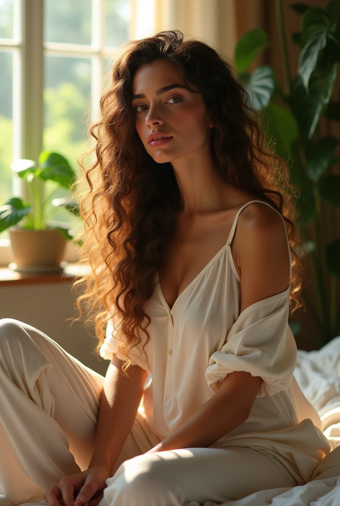 (photorealism:1.2), beautiful woman, sitting on bed, wearing loose off-shoulder top, pajama pants, long curly hair, indoors, soft lighting, plants in background, window with sunlight, cozy room, relaxed pose, realistic, intricate details, warm colors, by Greg Rutkowski, by Alphonse Mucha