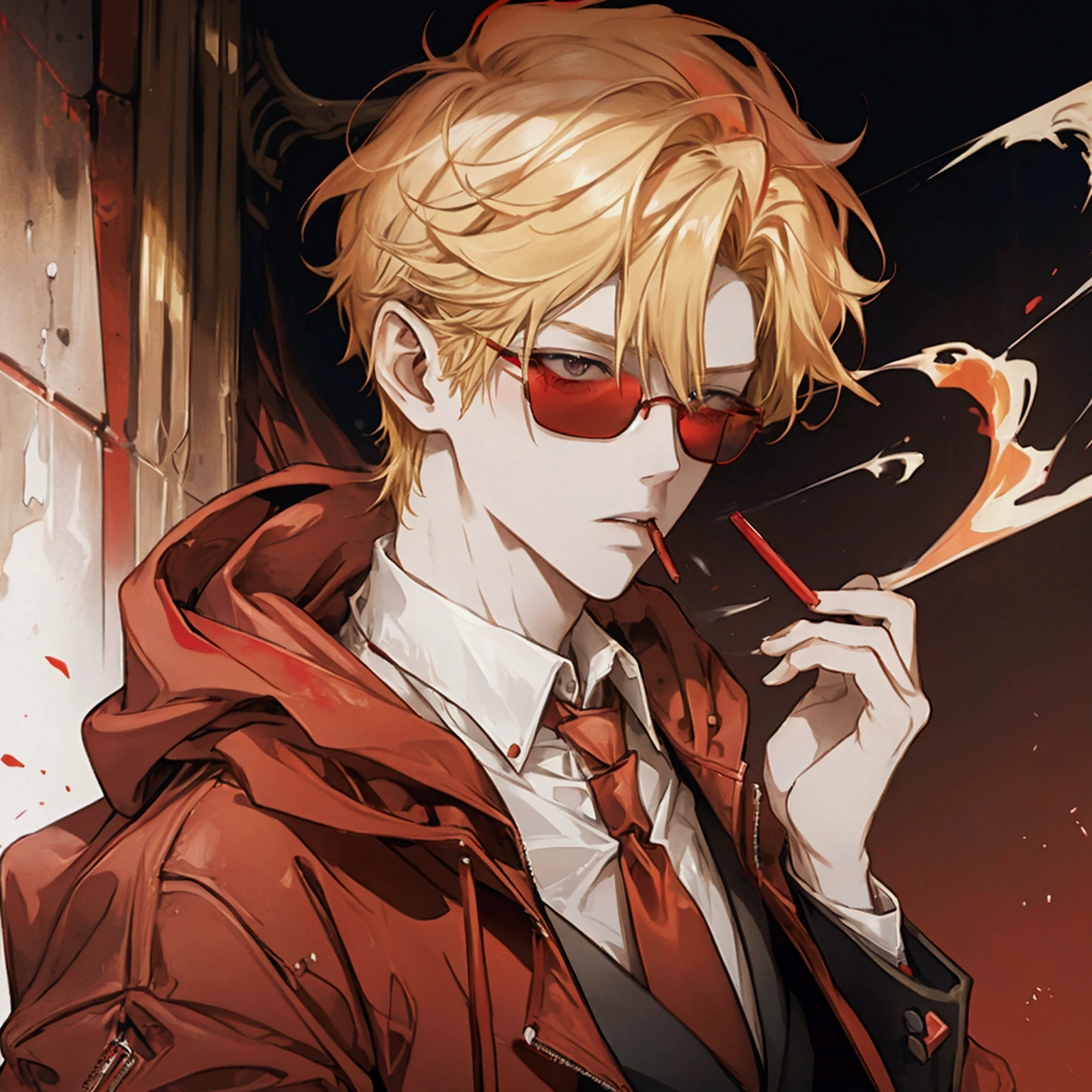 Red sunglasses, red hoodie, tuxedo under hoodie, tie, blonde, good-looking, refreshing, upturned mouth, cigarette