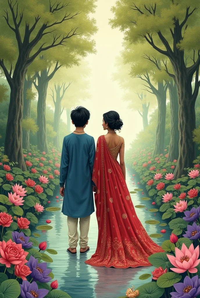 A mystical victorian art dream world, purple and earthy tones, light green trees and lush flora, roses and lotus and water lilies around, traditional fashioned feel, harsh ink lines, simple art, a couple, boy has short black hair wearing a blue panjabi, the girl has short curly black hair, in a red lehenga saree trailed by her living shadow, they have the same height, watercolor, antique, old fashioned, they are both looking good with jeweleries, background is decorated lavishly