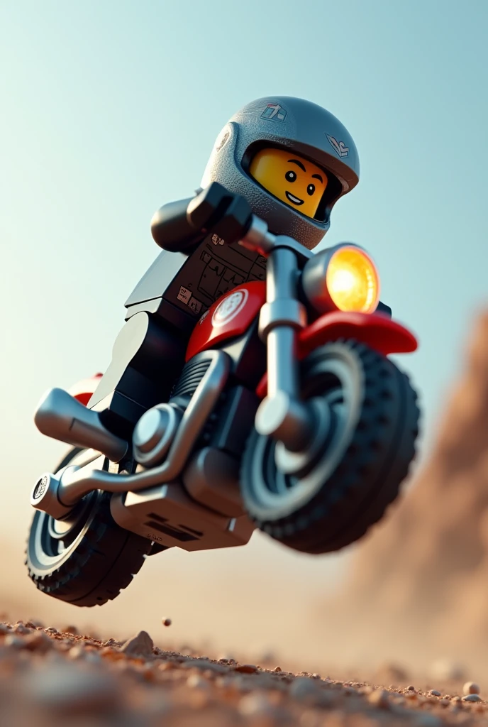 Lego doll with helmet on a lego motorcycle parallel to the ground