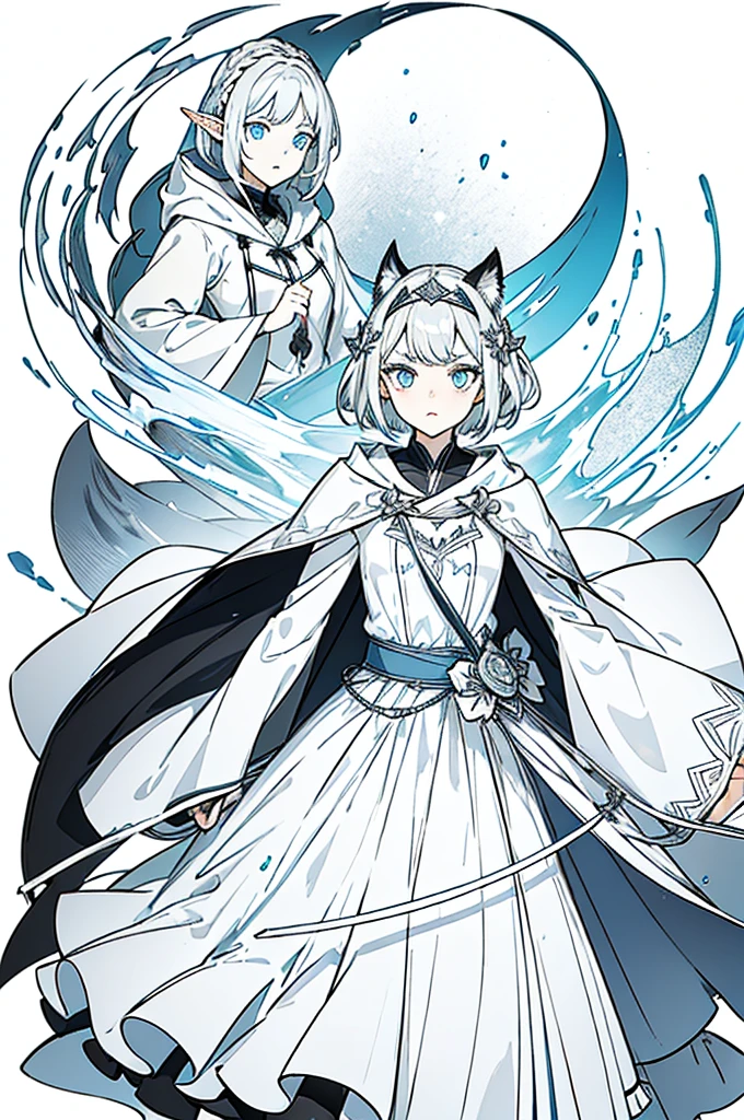 Gray and white shoulder-length short hair，Girl，Blue Eyes，Elf ears，No headdress，No cat ears，Wear a magician's robe，cloak，hood，Long skirt，Half-length photo，front Photo，Lens tension，Right hand punch，The expression is crazy，Full of strength