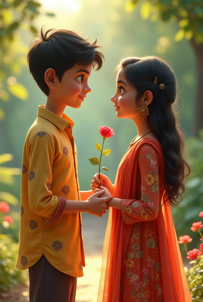 A boy name Dinesh with Printed Shirt  which he wear shirt and half phant proposing with rose flower to the girl name pushpa with printed shirt which she wear shirt and frock