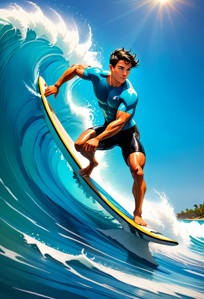 Full body action shot, young man surfing on a huge wave, dynamic pose (photorealistic: 1.3), muscular physique, young man with short black hair, blue eyes, (wet hair: 1.1), confident expression, surfing in a tropical ocean, detailed surfboard with colorful design, water splashes, intense sunlight, (high resolution: 1.3), vibrant colors, HDR, (by Chris Burkard: 0.9), (styled by Clark Little) , deep blue wave, foamy white water, (sharp focus), depth of field, (diffuse lighting), backlight, golden hour, high quality and resolution image