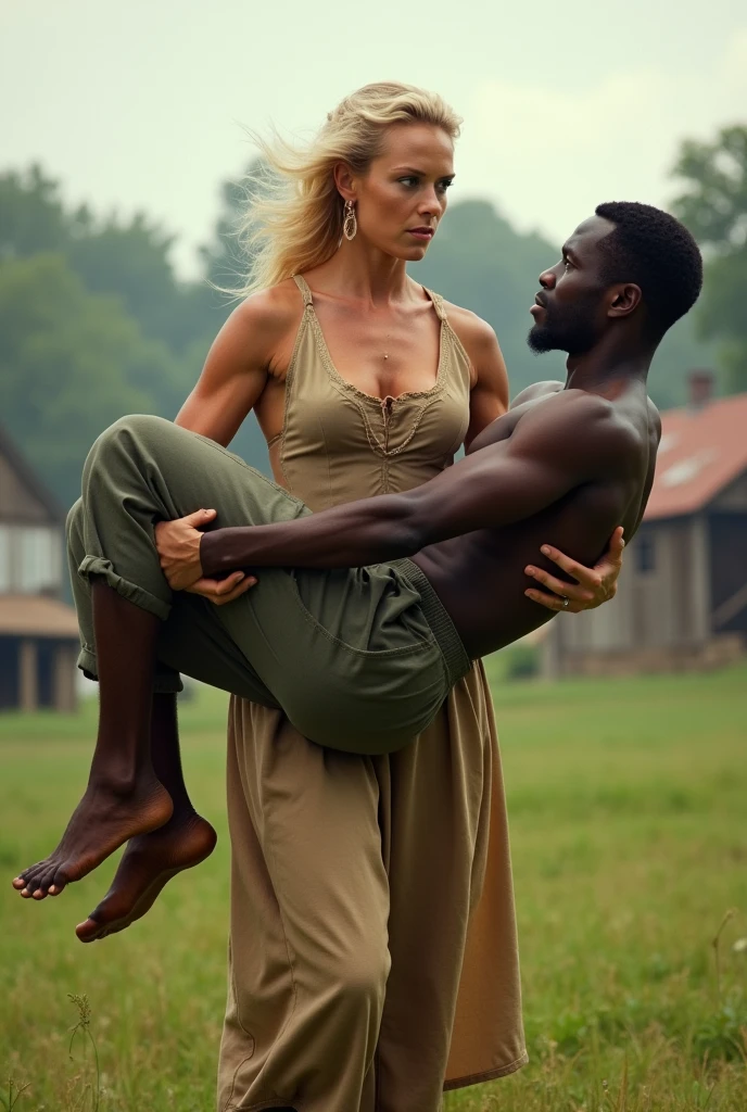 A black man ride on  a Pale skin Russian woman in  nude shoulder nude arm breasts nude in grass view from side full body  piggyback 