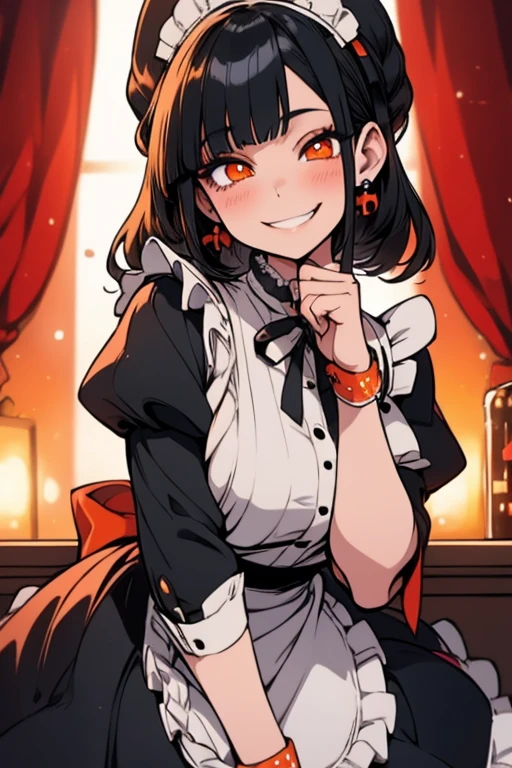 Perfect face Perfect hands. A black haired woman with orange eyes in a ta maid uniform is serving dinner in a fancy maid cafe with a big smile