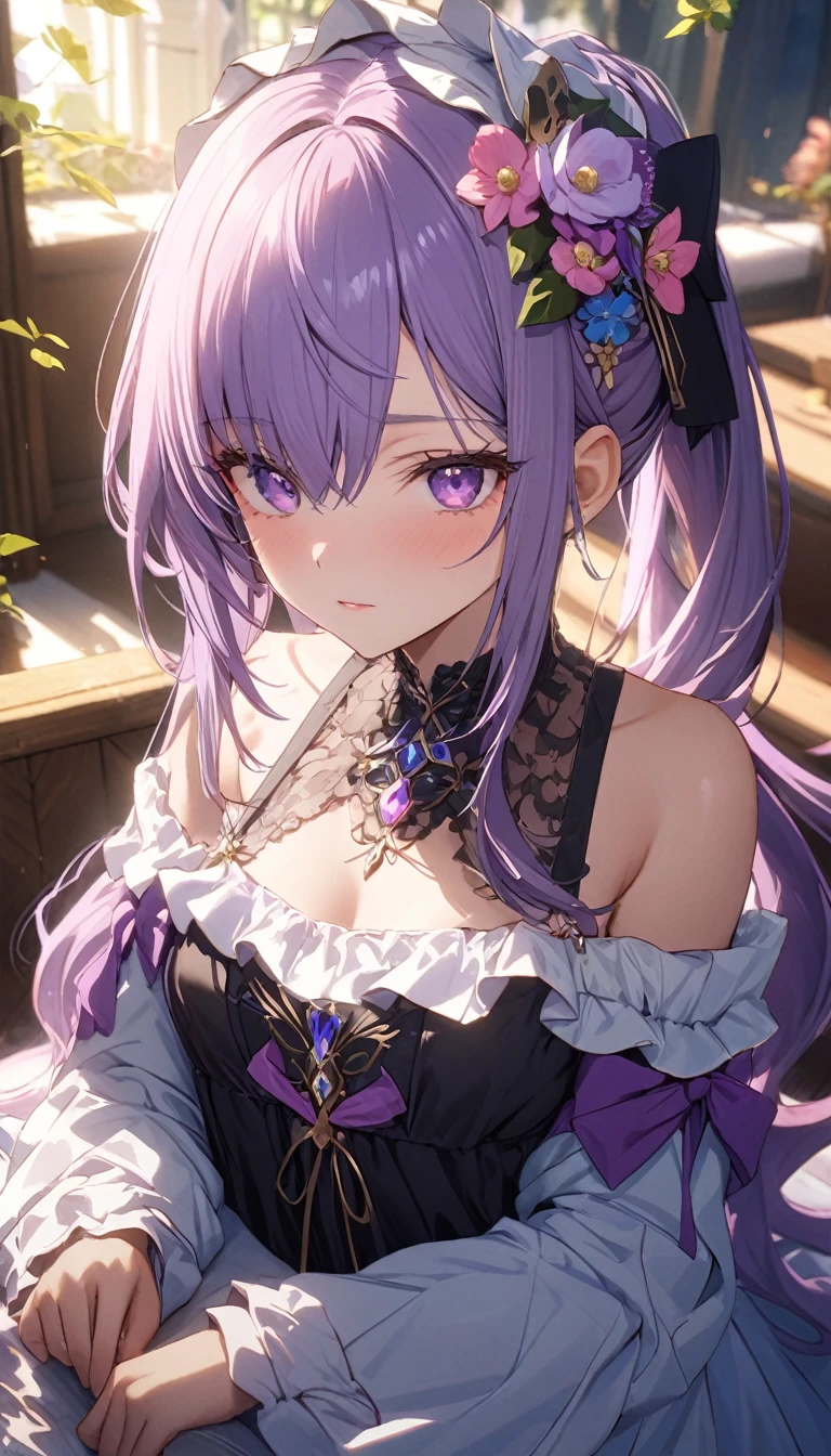 Long hair, Iris purple hair, Side Ponytail, (Hair covering one eye:2.0),side fringe,Flower headband, Purple Eyes, Heterochromia, Crystal pupil, faint blush, (Cold expression:1.5),Low-cut off-shoulder top,Clothes are made of exquisite material,High Detail, Ray Tracing, High Detail, Super Detail, high quality, high resolution, 1080P, amazing, Beautifully, pretty, charming, Aesthetics