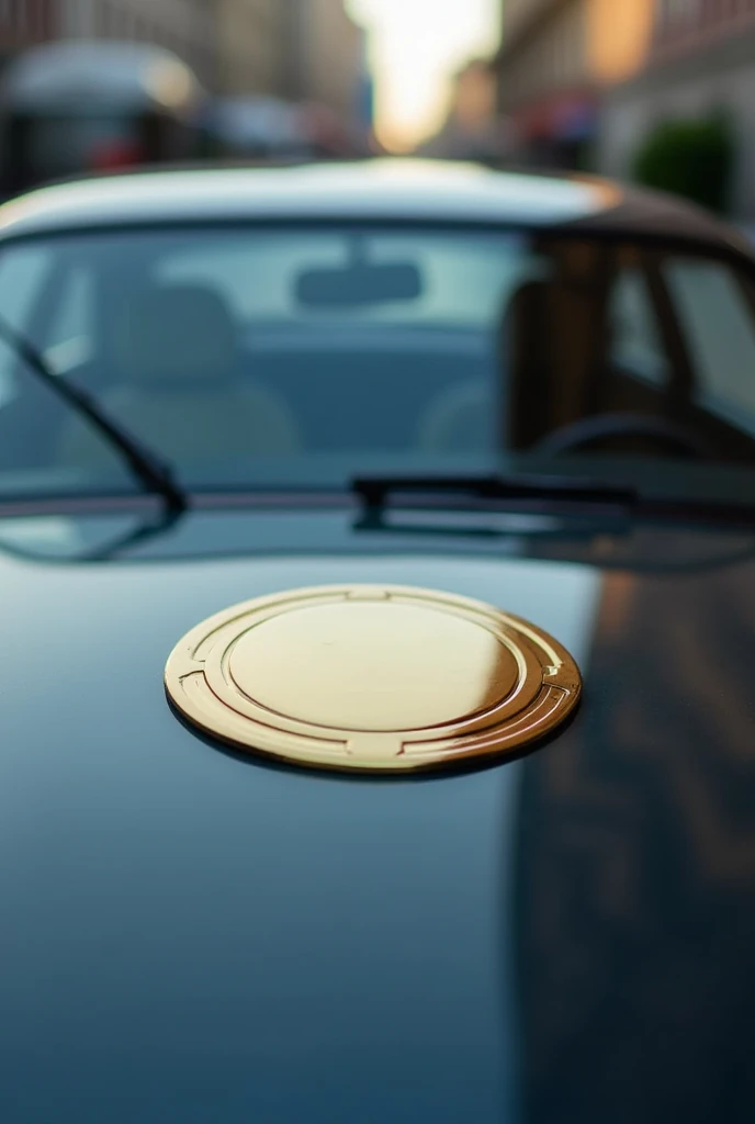Rear windshield of a car with a circular gold metallic label attached 