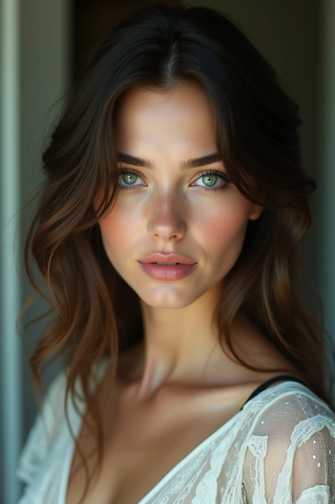 beautiful brunette woman with (green eyes:0.8)