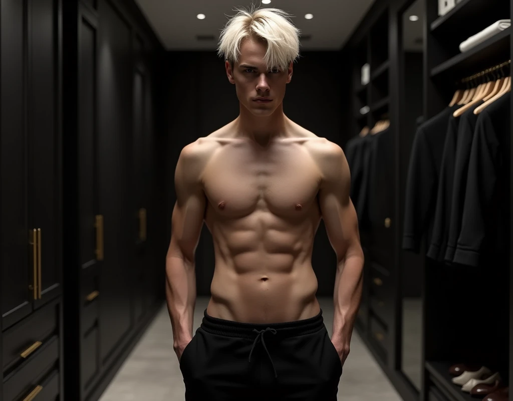 181 cm tall, 22-year-old shirtless male model, thin and lean figure:1.4, short platinum blond hair messy layered hair, side swept bangs, Germanic-Icelandic features, black pants, intense look, standing in large chic dark full walk in closet, photorealistic, cinematic.