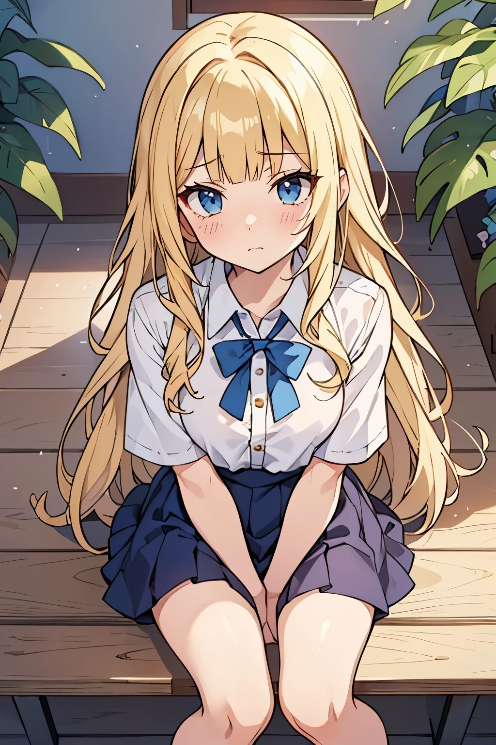 Young adult girl, best quality, 1 girl, female figure, yellow hair, blunt bangs, extra long hair, crystal blue eyes, golden blonde hair, cowboy shot, voluminous hair, wavy hair, cute girl, (medium small breasts), (young female body: 1.4) sitting crossed legs, crossed legs, embarrassed girl, looking from above, pressing legs together, humiliated expression , insecure, school unifrom, school basement