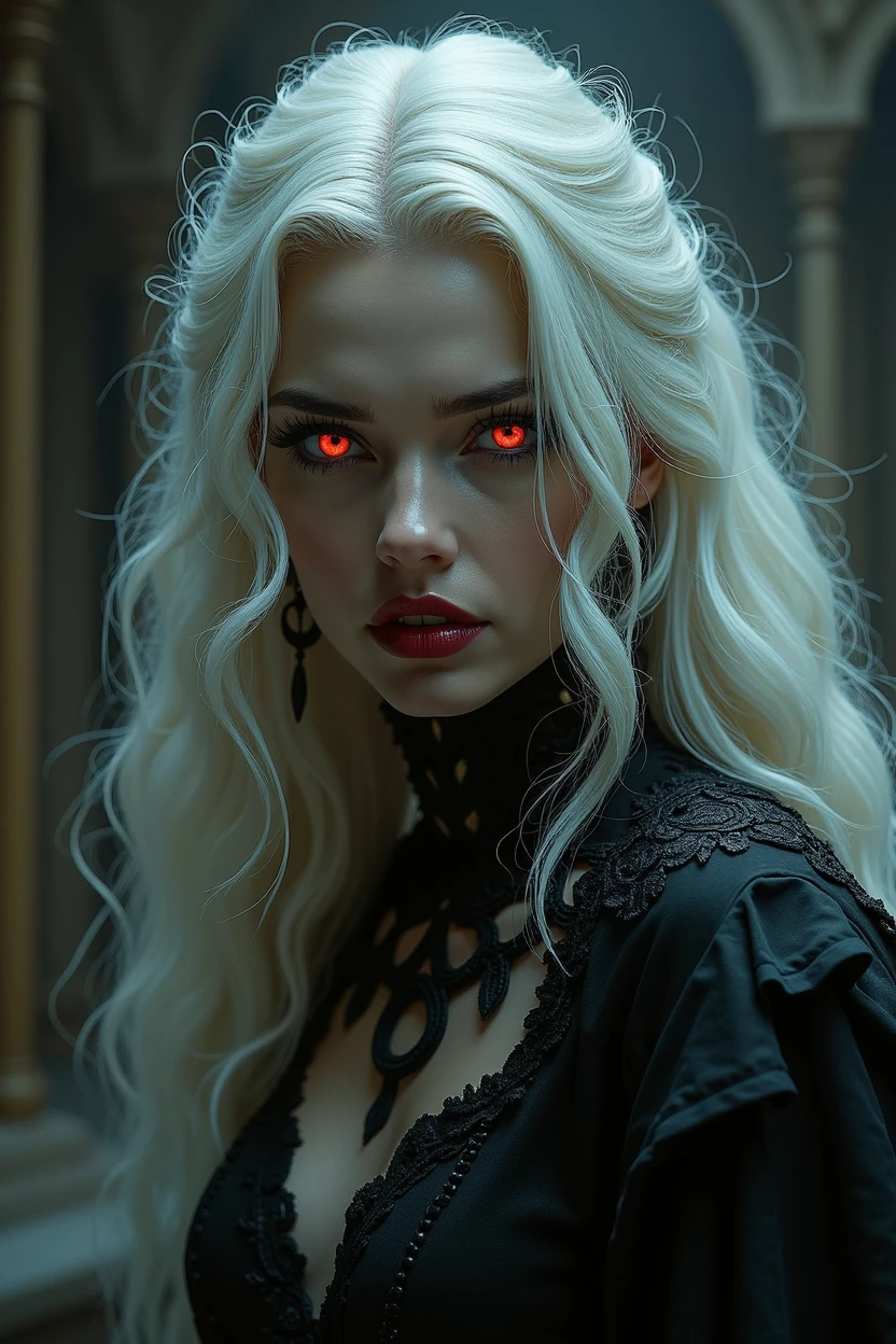 A beautiful Vampire Queen IS Vampire Art. She is stunning, with long thick platinum blonde hair and fierce glowing red eyes. Epic. Cinematic. Dramatic lighting. Gothic. Classic. Abstract. Surreal. Terrifying.