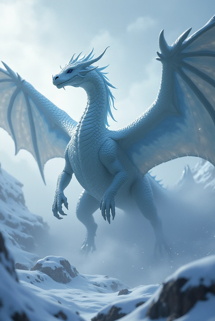 A (frost dragon, 2 wings, 4 legs, dynamic pose) , flys through a fierce blizzard with heavy snow blowing in the wind. 