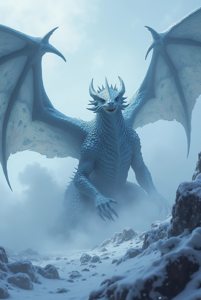 A (frost dragon, 2 wings, 4 legs, dynamic pose) , flys through a fierce blizzard with heavy snow blowing in the wind.