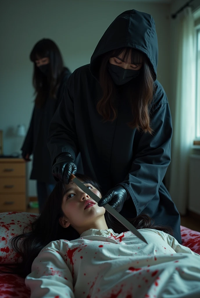 2 korean girls, (behind corpse, holding knife), black surgical mask, stabbing, black gloves, room full of blood, black raincoat, hood up, holding knife, bed room, black gloves, plump girl, behind corpse, blood splatter, mass murderer, killer, long bangs, blood splatter, dark atmosphere, cinematic lighting, atmospheric realistic, light from the window,
