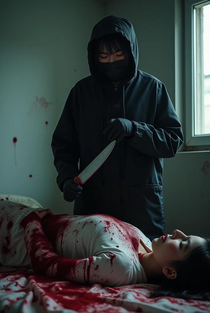 2 korean girls, (behind corpse, holding knife), black surgical mask, stabbing, black gloves, room full of blood, black raincoat, hood up, holding knife, bed room, black gloves, plump girl, behind corpse, blood splatter, mass murderer, killer, long bangs, blood splatter, dark atmosphere, cinematic lighting, atmospheric realistic, light from the window,