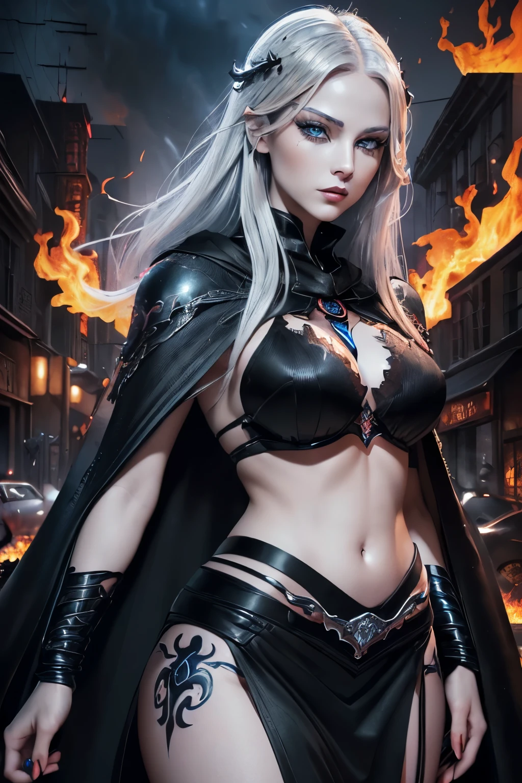 ((Young woman)) ((blue eyes long eyelashes)) ((full lips)) ((silver hair)) ((detailed face)) ((wears black fire cape)) ((black fire bra)) ((black fire skirt)) ((hourglass body)) ((face maximum quality)) (( Small hands)) ((work of art)) ((alley in the background)) ((Black flames)) ((black fire dragon)) ((Maximum quality)) ((ultra 4k))