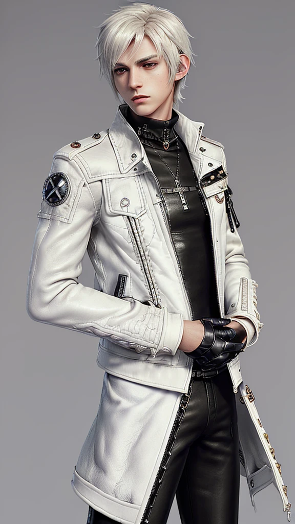 (Final fantasy taste and reality graphics), ((Japanese young cute and cool ikemen boy)),((1 boy)), his age is early 20s, thin eyebrows and beady eyes, ((((boy wearing off white color single-brest thick leather jacket, with epaulet)))), ((((jacket is long sleeve)))), ((((leather jacket close all zippers)))),,(((jacket collar is high length and stand-up with two belts))), (((also wearing black thick turtleneck polyester shirts))), (((((put on tight and black color leather long length pants))))), (((((put on tight and thin black leather glove,covered from full finger both hands))))), ((put black leather knee-high raceup boots)),(((show the whole body))), ,boy is black hair,