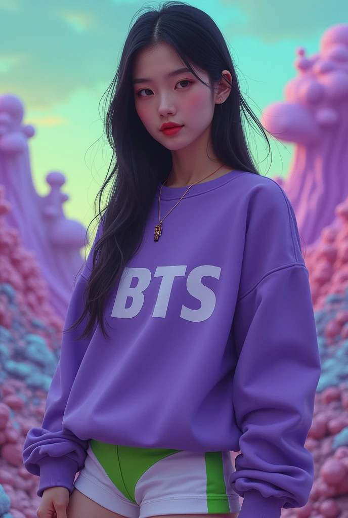 I want an image of a woman , slickedback hair , small eye, dark brown hair, purple sweatshirt, BTS symbol , white and green shorts , purple and green scenery , based on the group BTS , I don't want anime features , I want more realistic , making korean heart